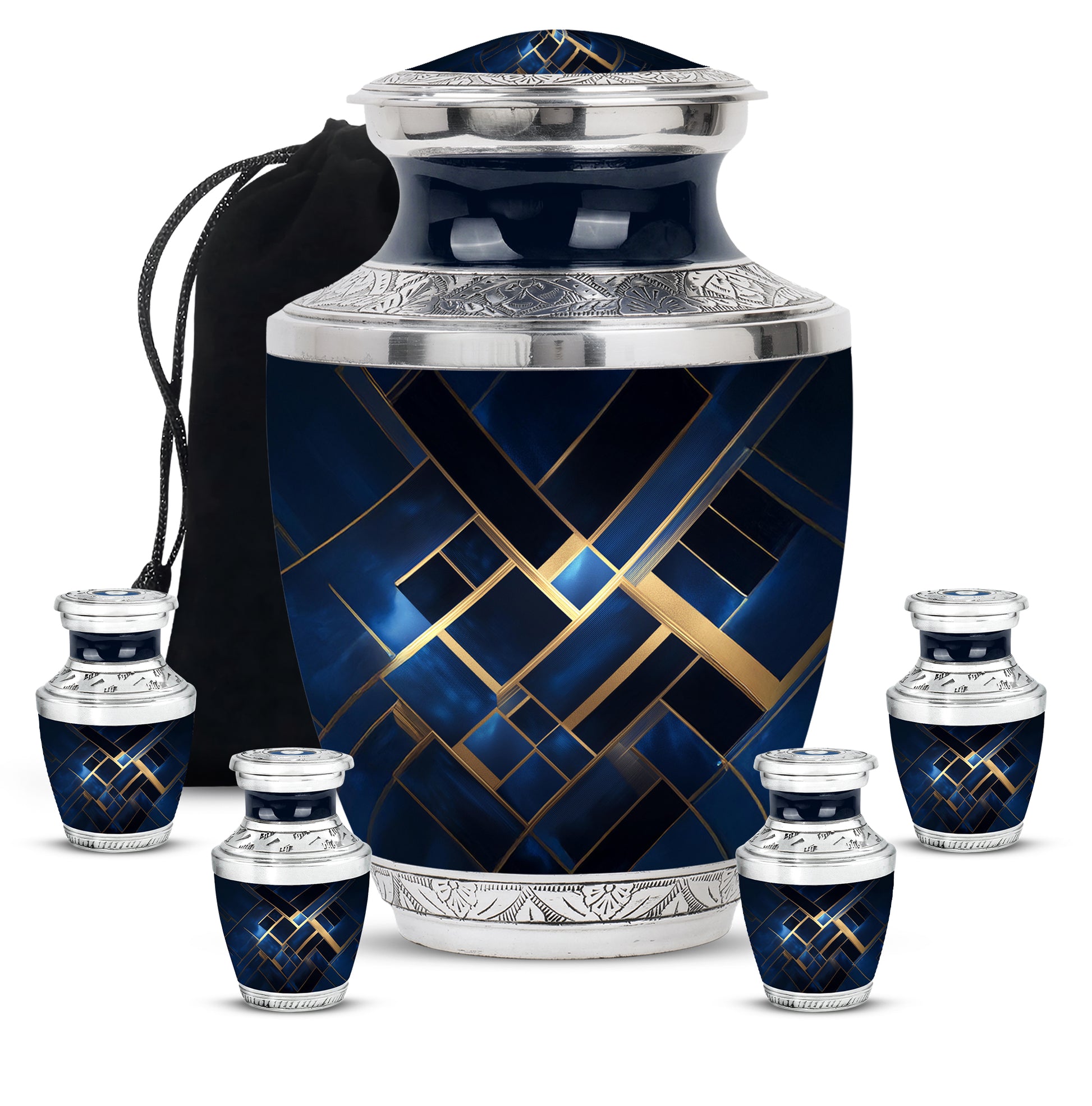 Powder Blue Blue Cremation Urn lifestyle display on memorial shelf - contemporary blue design with modern artistic flair - memorial set with one large and four small urns