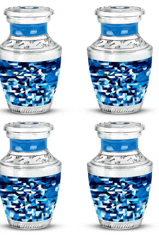 Calming Blue Blue Cremation Urn back view with polished surface - stylized abstract blue pattern with bold lines - 10 inch aluminum urn for cremated remains