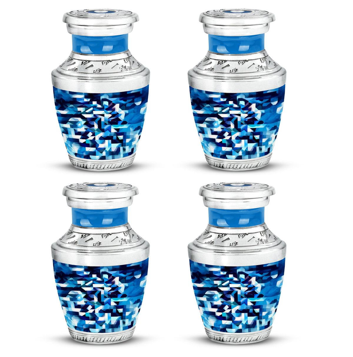 Calming Blue Blue Cremation Urn back view with polished surface - stylized abstract blue pattern with bold lines - 10 inch aluminum urn for cremated remains