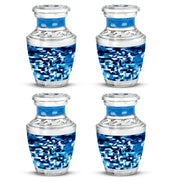 Calming Blue Blue Cremation Urn back view with polished surface - stylized abstract blue pattern with bold lines - 10 inch aluminum urn for cremated remains