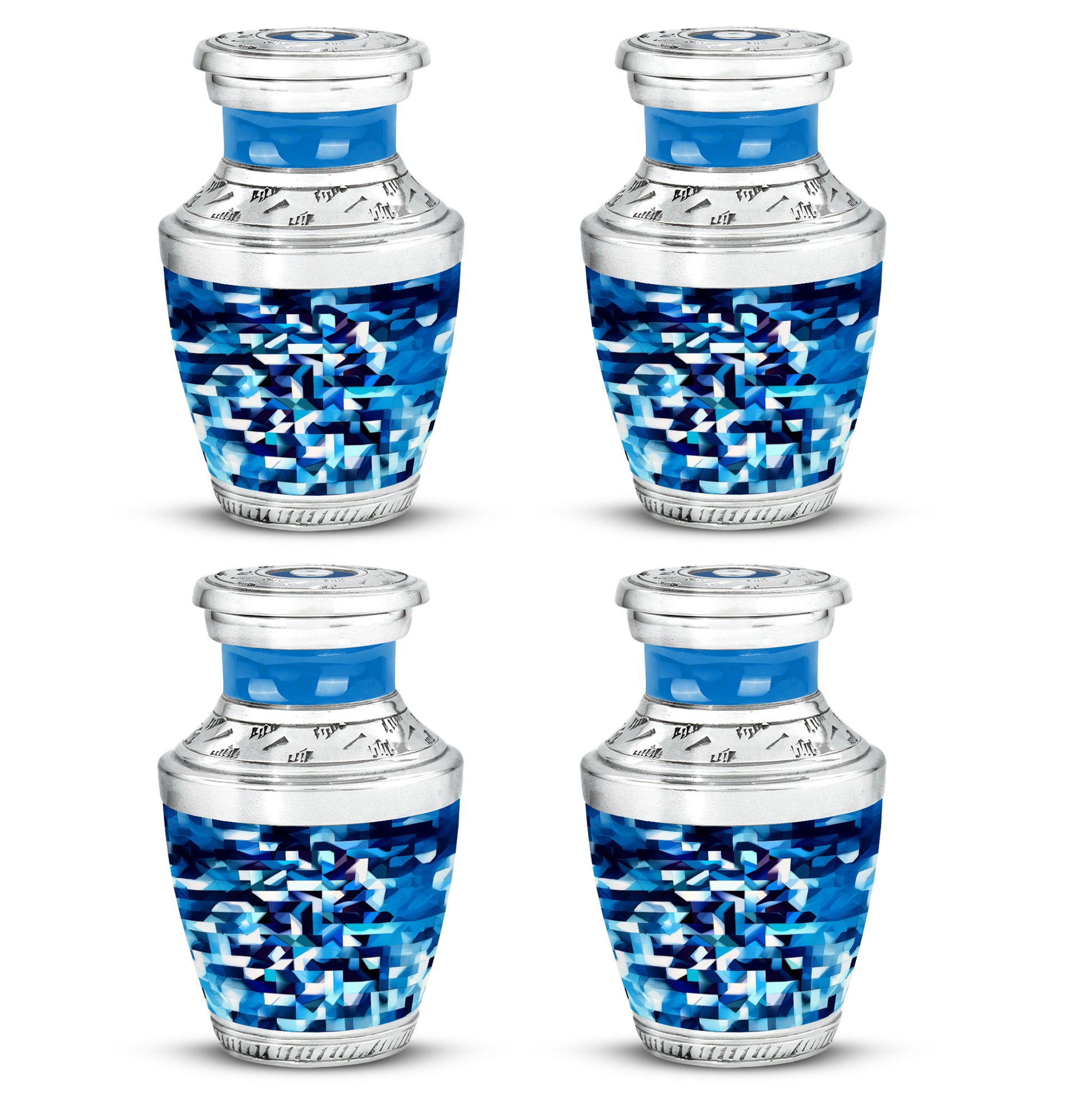 Calming Blue Blue Cremation Urn back view with polished surface - stylized abstract blue pattern with bold lines - 10 inch aluminum urn for cremated remains