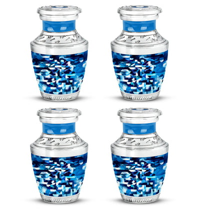 Calming Blue Blue Cremation Urn back view with polished surface - stylized abstract blue pattern with bold lines - 10 inch aluminum urn for cremated remains