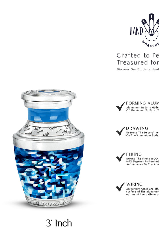 Dusty Blue Blue Cremation Urn top-down view of secure threaded lid - modern art-inspired blue motif on sleek aluminum - mini keepsake memorial for portion of cremation ashes