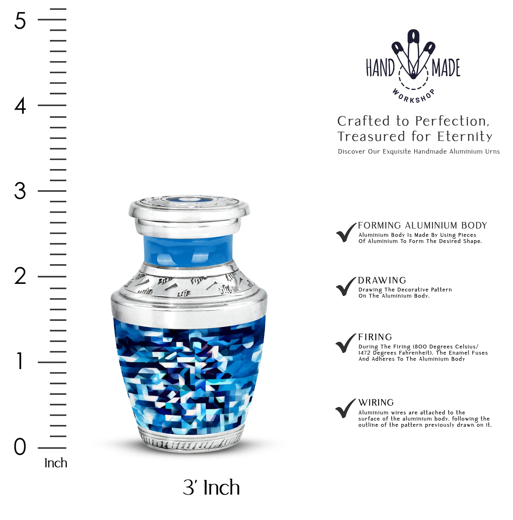 Dusty Blue Blue Cremation Urn top-down view of secure threaded lid - modern art-inspired blue motif on sleek aluminum - mini keepsake memorial for portion of cremation ashes