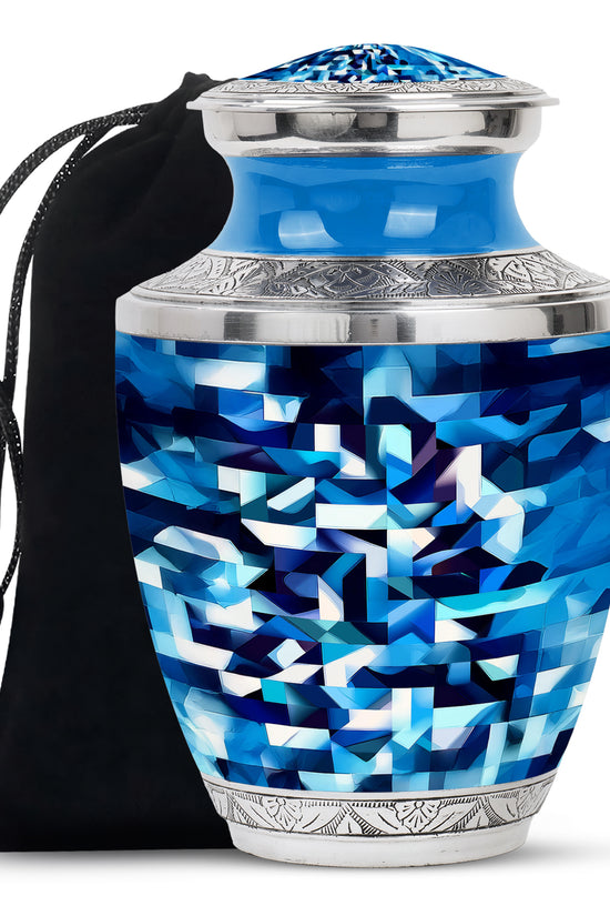 Misty Blue Blue Cremation Urn side profile showing urn shape - contemporary blue design with modern artistic flair - full-size 10 inch 200 cubic inch adult cremation urn
