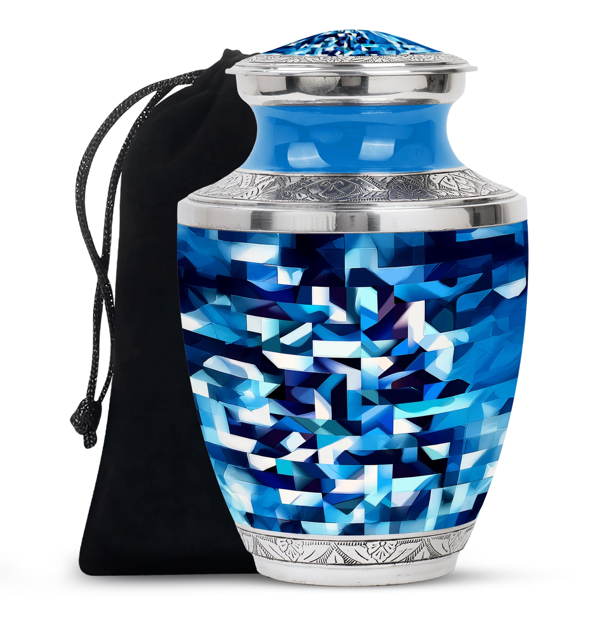 Misty Blue Blue Cremation Urn side profile showing urn shape - contemporary blue design with modern artistic flair - full-size 10 inch 200 cubic inch adult cremation urn