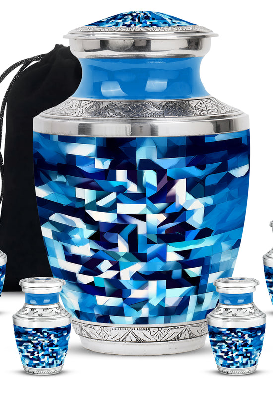 Calming Blue Blue Cremation Urn lifestyle display on memorial shelf - artistic blue interpretation with creative detail - memorial set with one large and four small urns