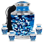Calming Blue Blue Cremation Urn lifestyle display on memorial shelf - artistic blue interpretation with creative detail - memorial set with one large and four small urns