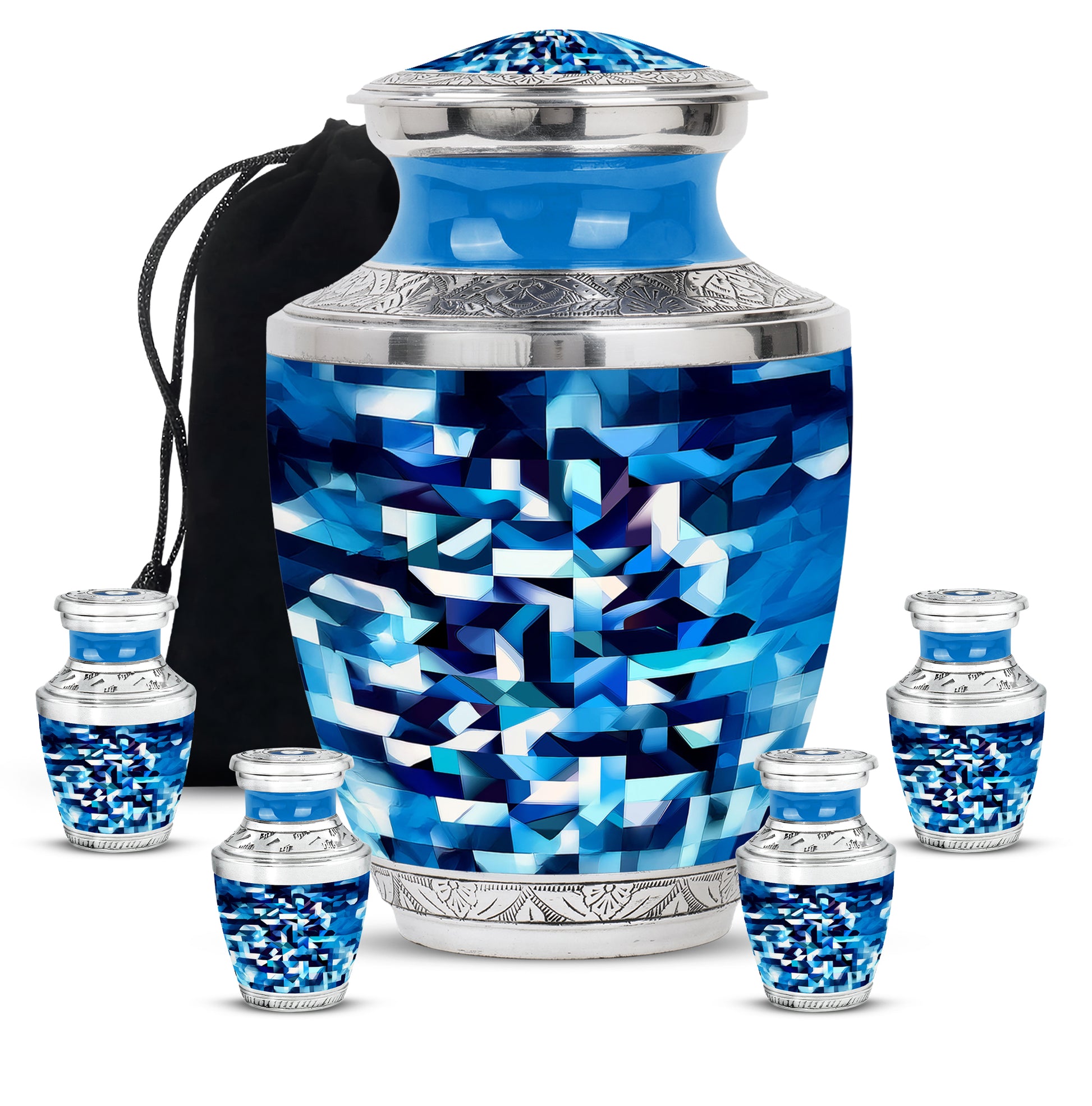 Calming Blue Blue Cremation Urn lifestyle display on memorial shelf - artistic blue interpretation with creative detail - memorial set with one large and four small urns