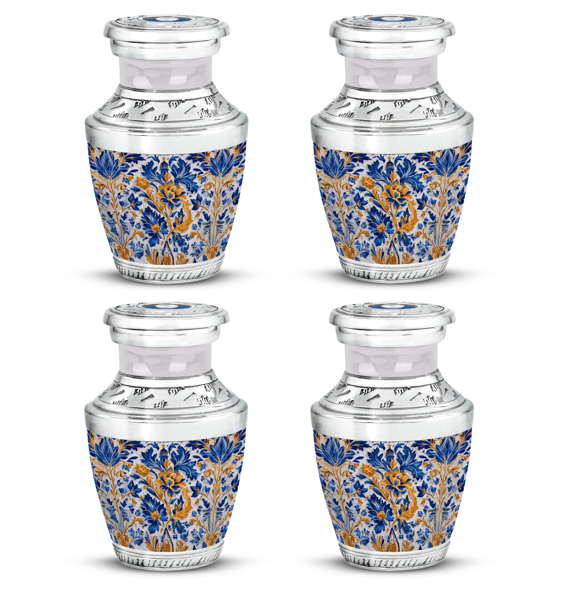 Pewter Gray Blue Cremation Urn back view with polished surface - modern art-inspired blue motif on sleek aluminum - 10 inch aluminum urn for cremated remains