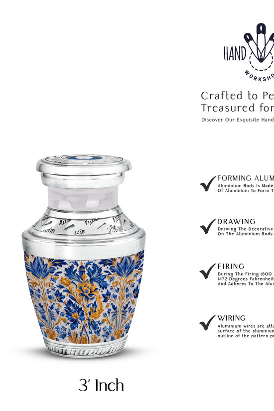 Steel Gray Blue Cremation Urn top-down view of secure threaded lid - stylized abstract blue pattern with bold lines - mini keepsake memorial for portion of cremation ashes
