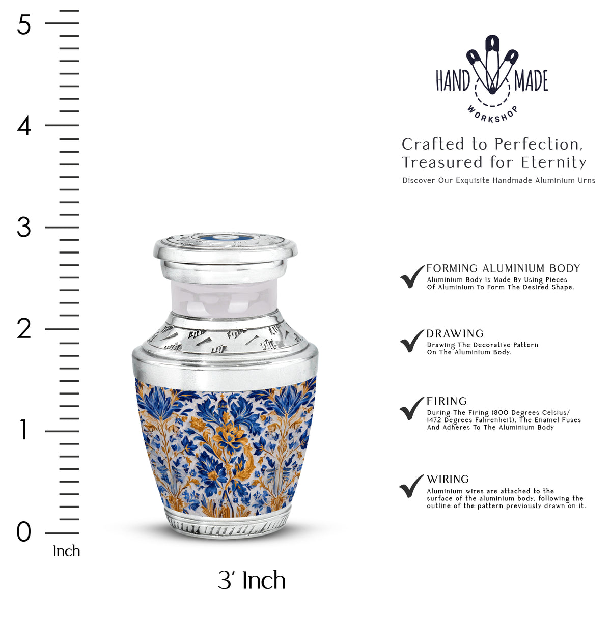 Steel Gray Blue Cremation Urn top-down view of secure threaded lid - stylized abstract blue pattern with bold lines - mini keepsake memorial for portion of cremation ashes