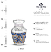 Steel Gray Blue Cremation Urn top-down view of secure threaded lid - stylized abstract blue pattern with bold lines - mini keepsake memorial for portion of cremation ashes