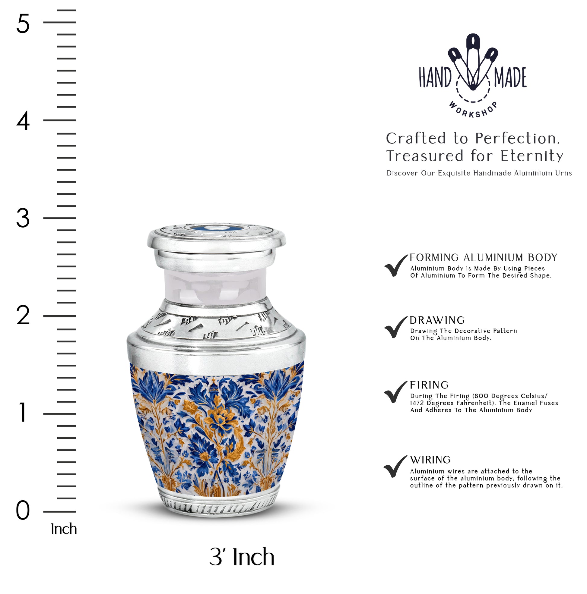 Steel Gray Blue Cremation Urn top-down view of secure threaded lid - stylized abstract blue pattern with bold lines - mini keepsake memorial for portion of cremation ashes