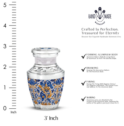 Steel Gray Blue Cremation Urn top-down view of secure threaded lid - stylized abstract blue pattern with bold lines - mini keepsake memorial for portion of cremation ashes