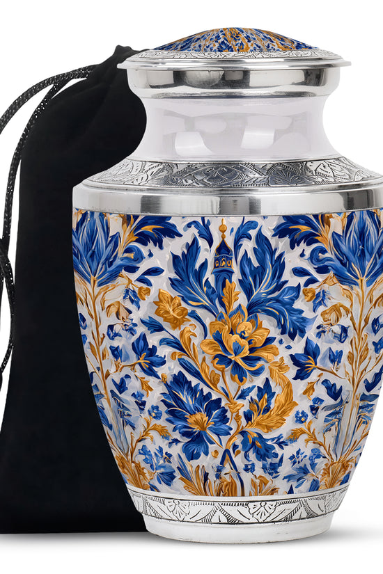Dove Gray Blue Cremation Urn side profile showing urn shape - contemporary blue design with modern artistic flair - full-size 10 inch 200 cubic inch adult cremation urn