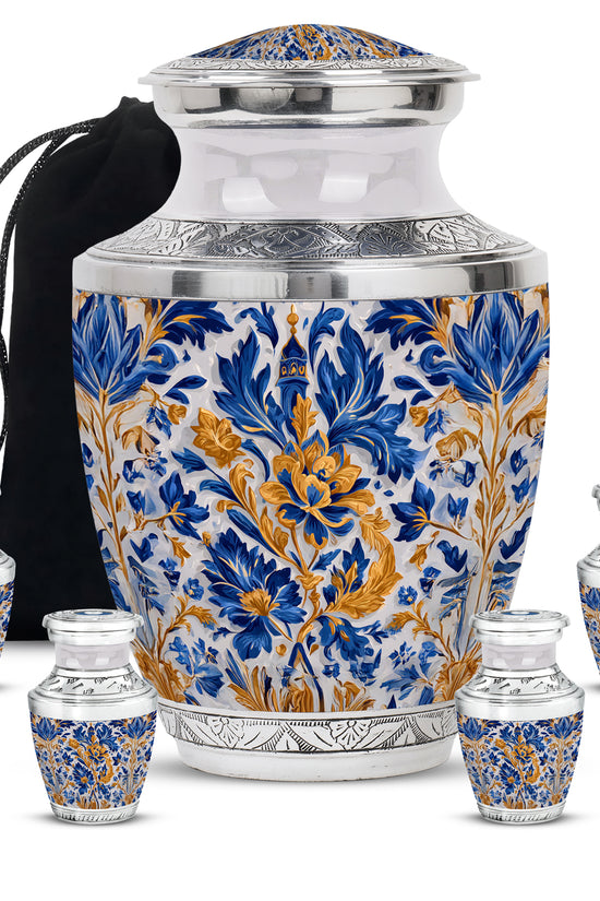 Charcoal Gray Blue Cremation Urn lifestyle display on memorial shelf - contemporary blue design with modern artistic flair - memorial set with one large and four small urns
