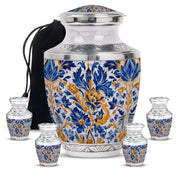 Charcoal Gray Blue Cremation Urn lifestyle display on memorial shelf - contemporary blue design with modern artistic flair - memorial set with one large and four small urns