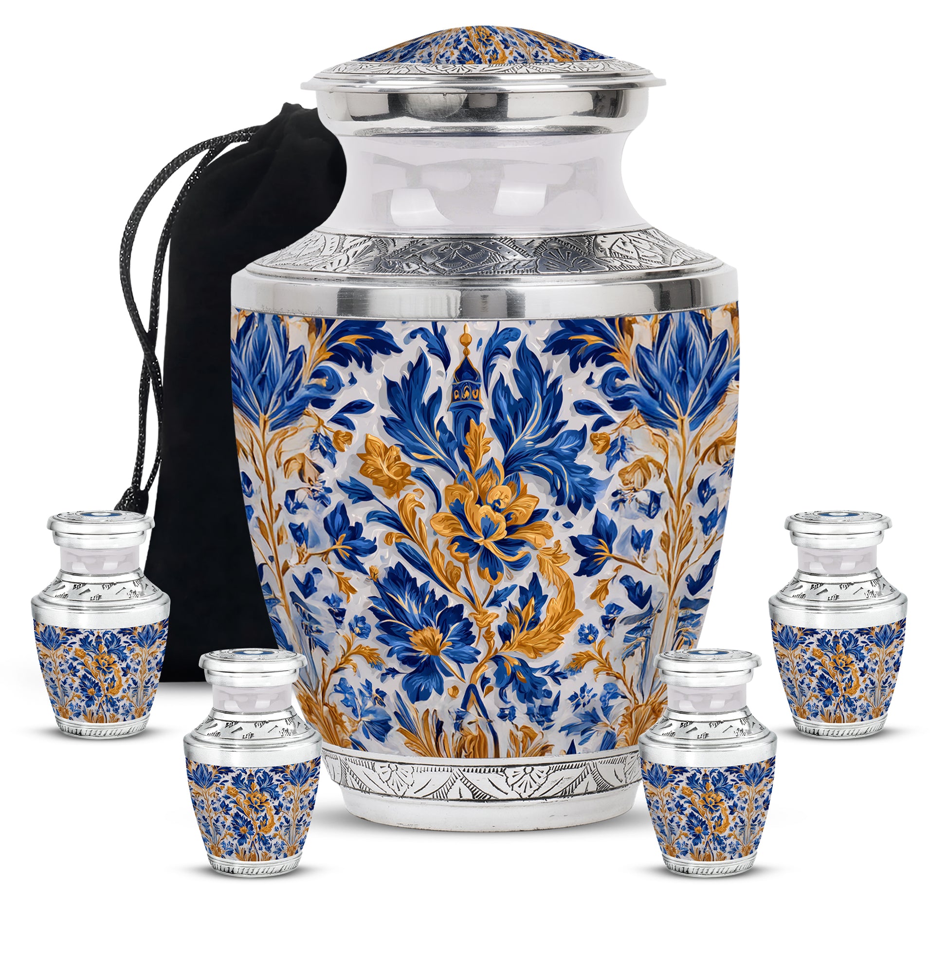 Charcoal Gray Blue Cremation Urn lifestyle display on memorial shelf - contemporary blue design with modern artistic flair - memorial set with one large and four small urns