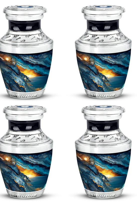 Cobalt Blue Blue Cremation Urn back view with polished surface - artistic blue interpretation with creative detail - 10 inch aluminum urn for cremated remains
