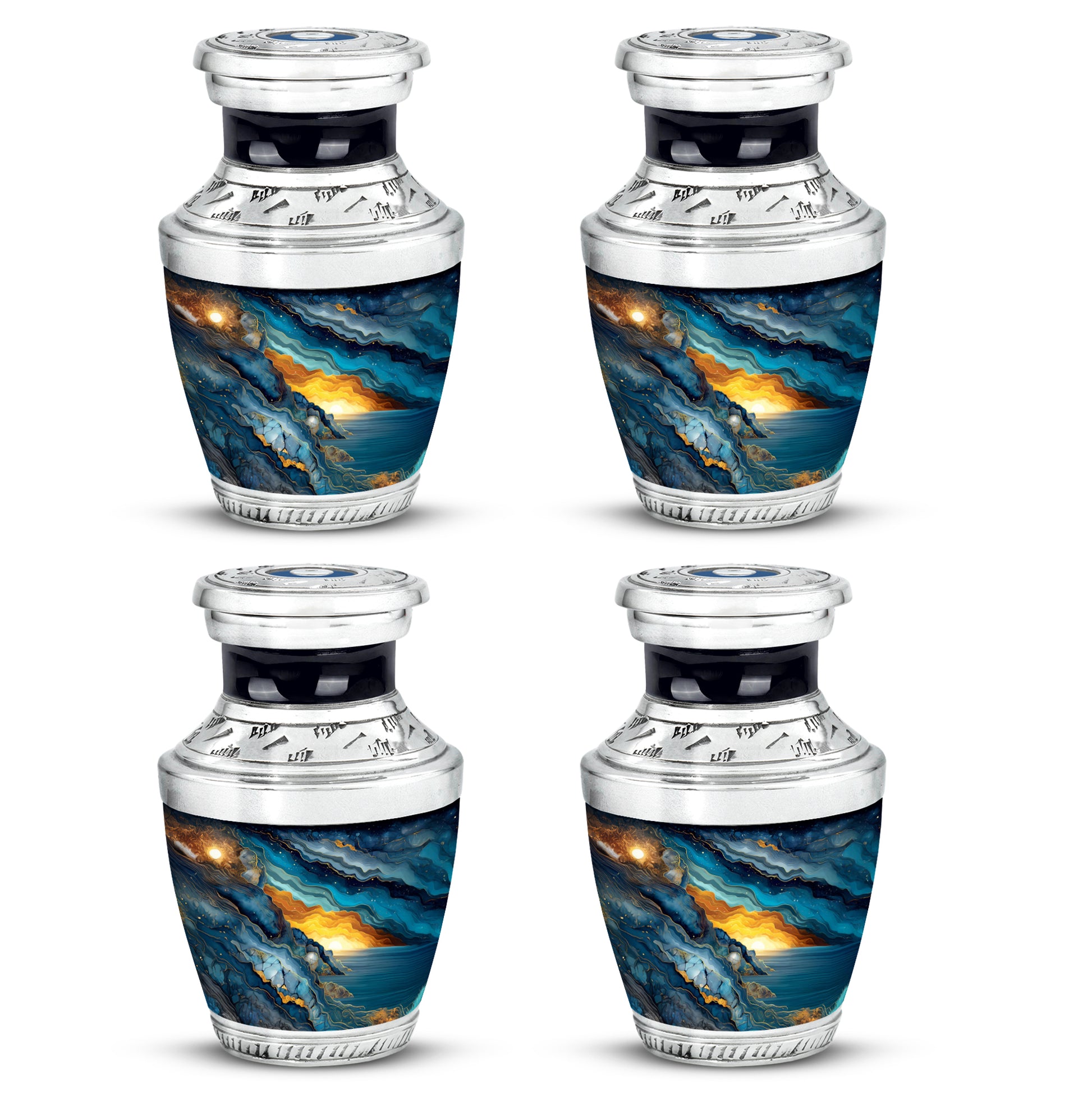 Cobalt Blue Blue Cremation Urn back view with polished surface - artistic blue interpretation with creative detail - 10 inch aluminum urn for cremated remains