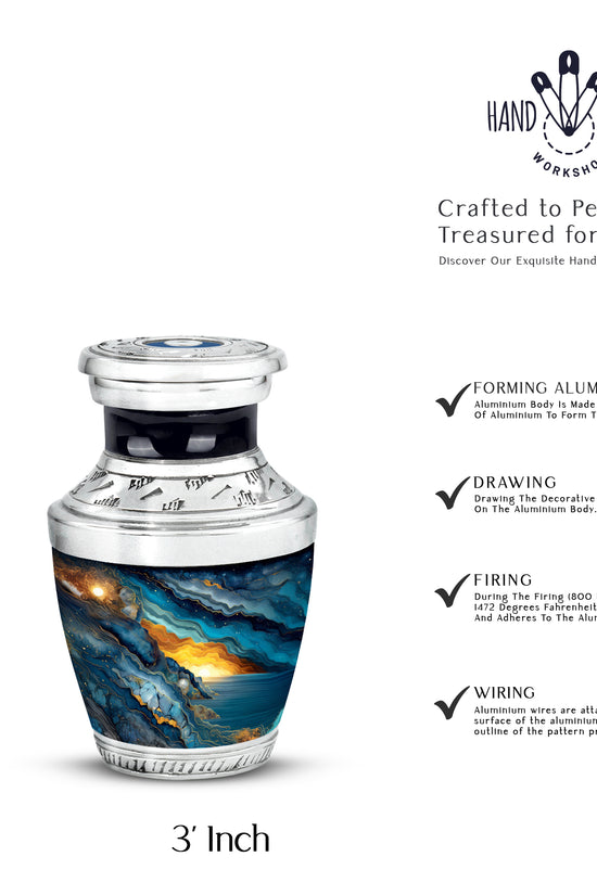 Powder Blue Blue Cremation Urn top-down view of secure threaded lid - modern art-inspired blue motif on sleek aluminum - mini keepsake memorial for portion of cremation ashes