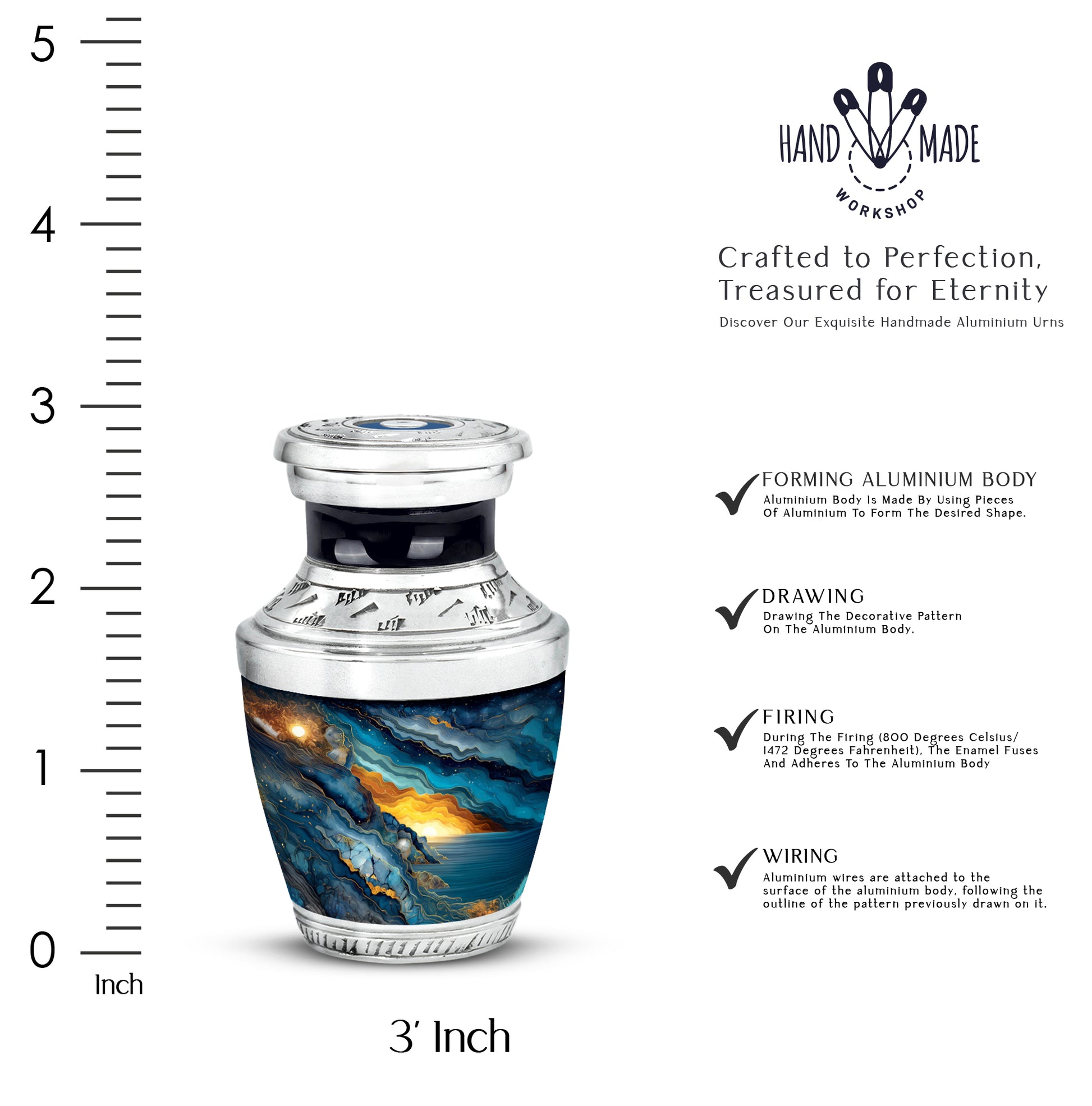 Powder Blue Blue Cremation Urn top-down view of secure threaded lid - modern art-inspired blue motif on sleek aluminum - mini keepsake memorial for portion of cremation ashes