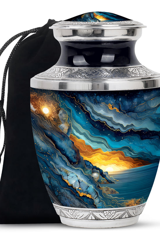 Azure Blue Cremation Urn side profile showing urn shape - contemporary blue design with modern artistic flair - full-size 10 inch 200 cubic inch adult cremation urn