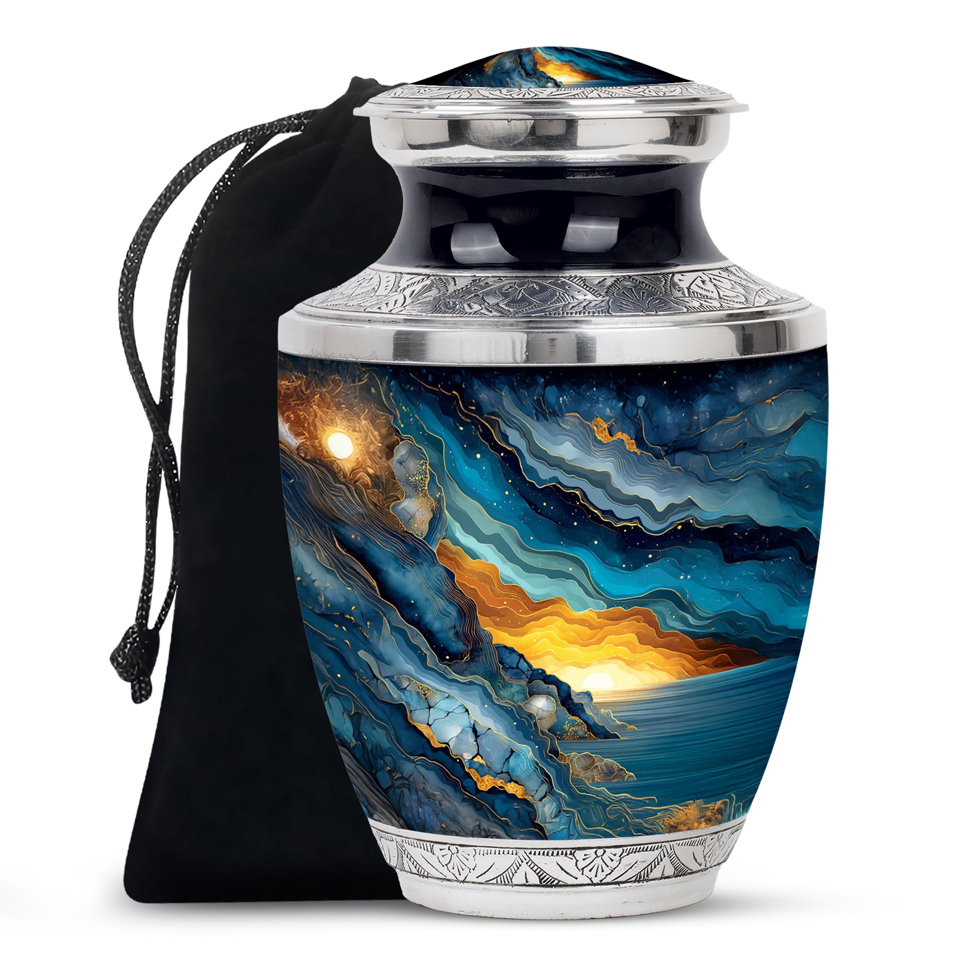Azure Blue Cremation Urn side profile showing urn shape - contemporary blue design with modern artistic flair - full-size 10 inch 200 cubic inch adult cremation urn