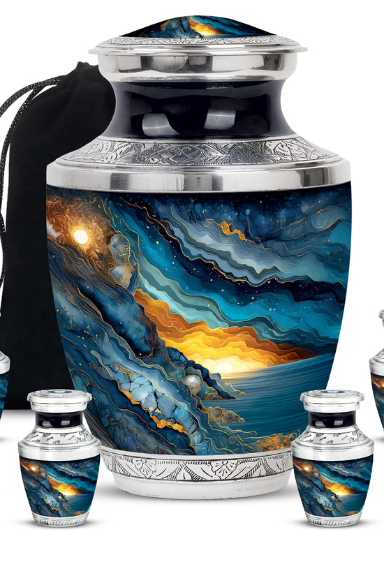 Indigo Blue Cremation Urn lifestyle display on memorial shelf - modern art-inspired blue motif on sleek aluminum - memorial set with one large and four small urns