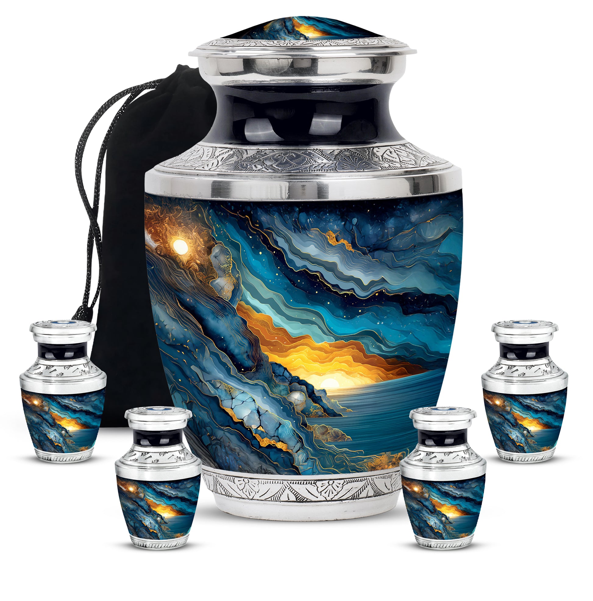 Indigo Blue Cremation Urn lifestyle display on memorial shelf - modern art-inspired blue motif on sleek aluminum - memorial set with one large and four small urns