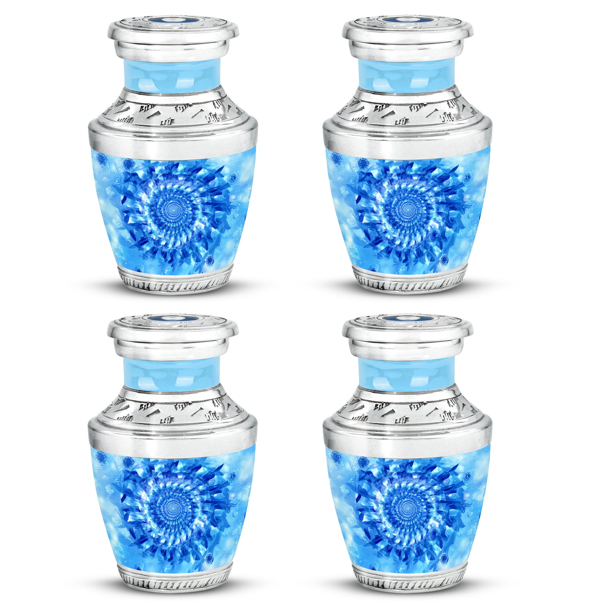 Cobalt Blue Blue Cremation Urn back view with polished surface - artistic blue interpretation with creative detail - 10 inch aluminum urn for cremated remains