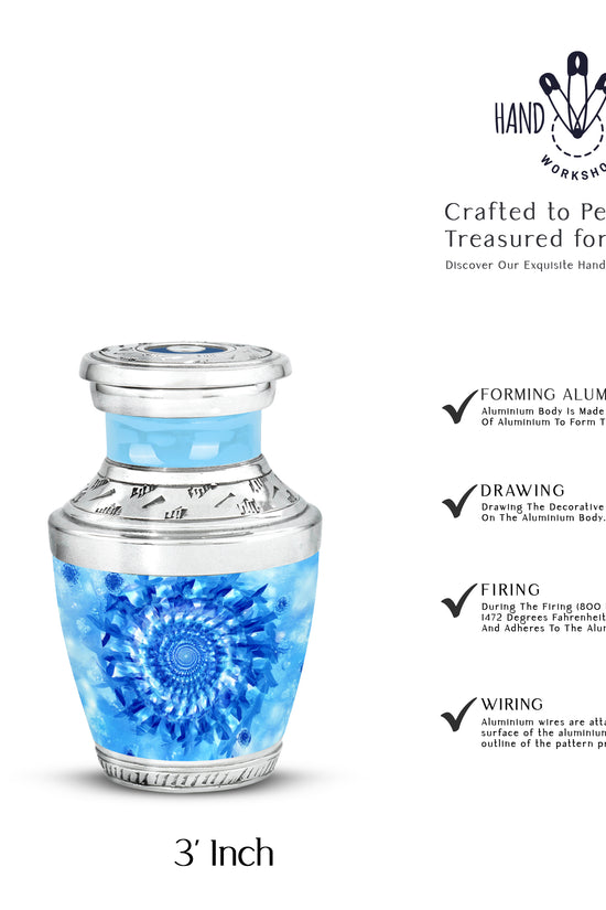 Cobalt Blue Blue Cremation Urn top-down view of secure threaded lid - artistic blue interpretation with creative detail - mini keepsake memorial for portion of cremation ashes