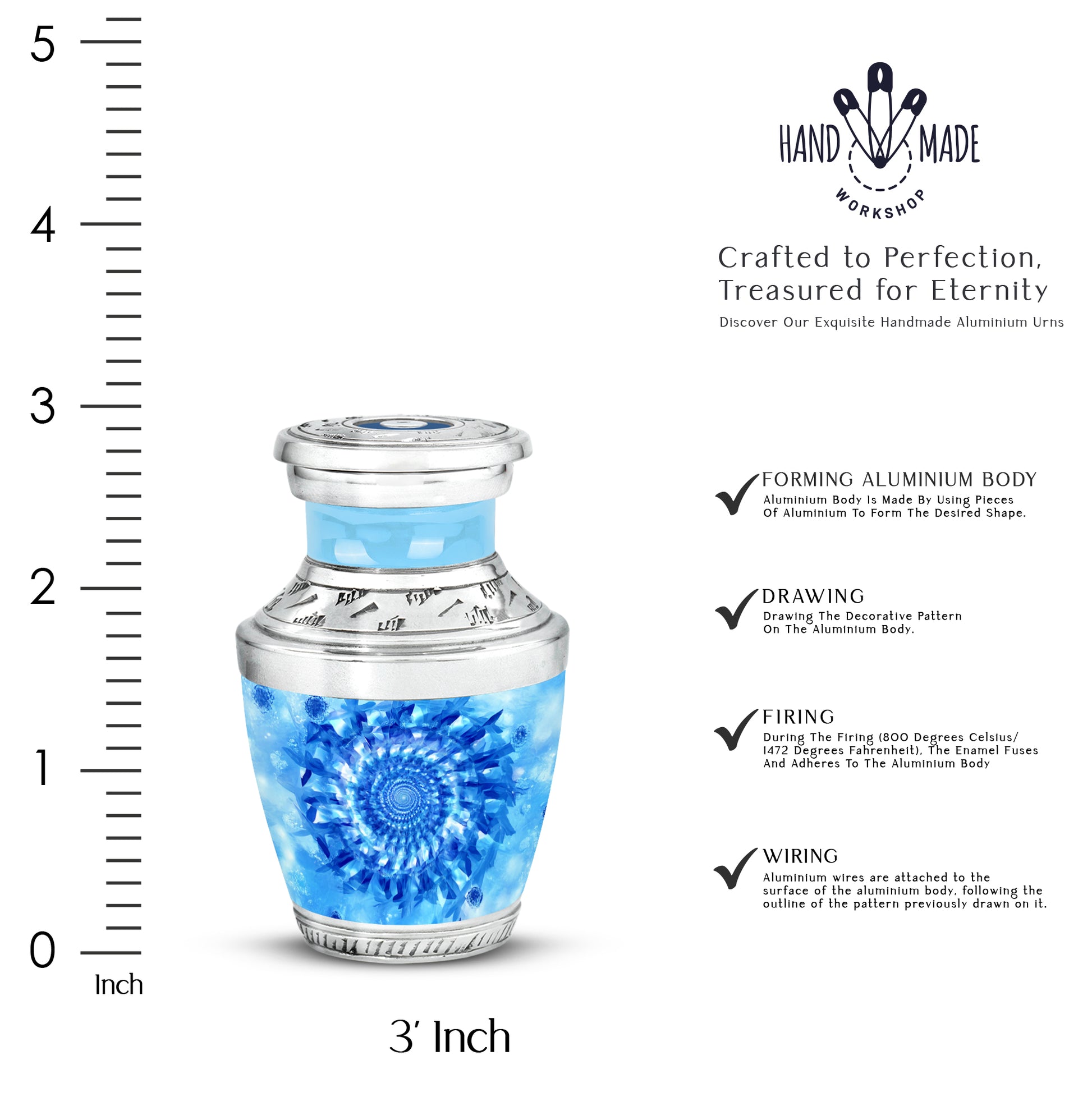 Cobalt Blue Blue Cremation Urn top-down view of secure threaded lid - artistic blue interpretation with creative detail - mini keepsake memorial for portion of cremation ashes