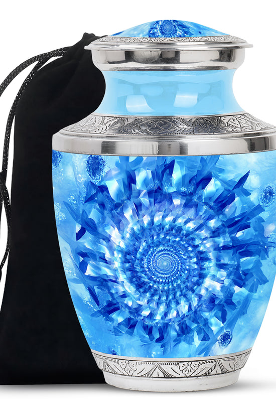 Celestial Blue Blue Cremation Urn side profile showing urn shape - contemporary blue design with modern artistic flair - full-size 10 inch 200 cubic inch adult cremation urn