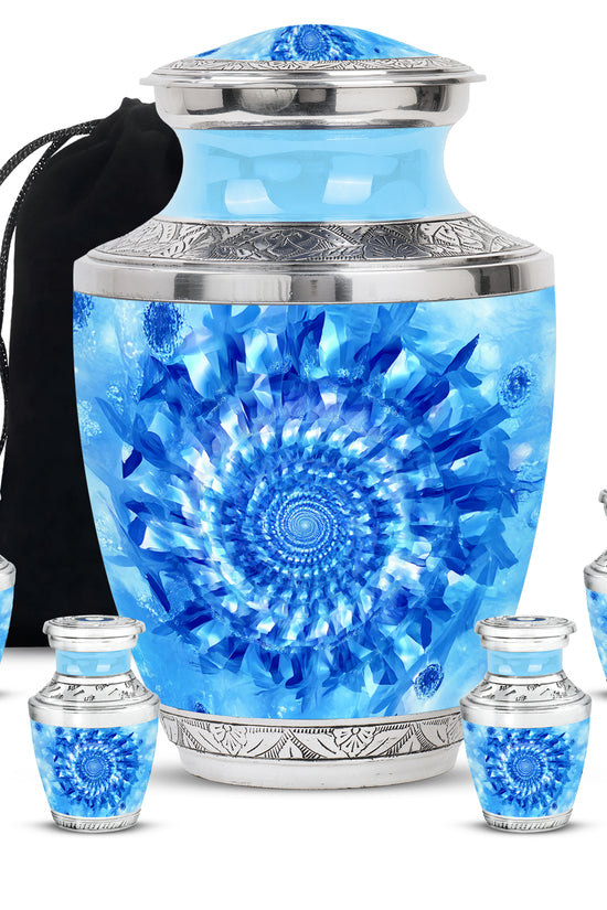 Dusty Blue Blue Cremation Urn lifestyle display on memorial shelf - modern art-inspired blue motif on sleek aluminum - memorial set with one large and four small urns
