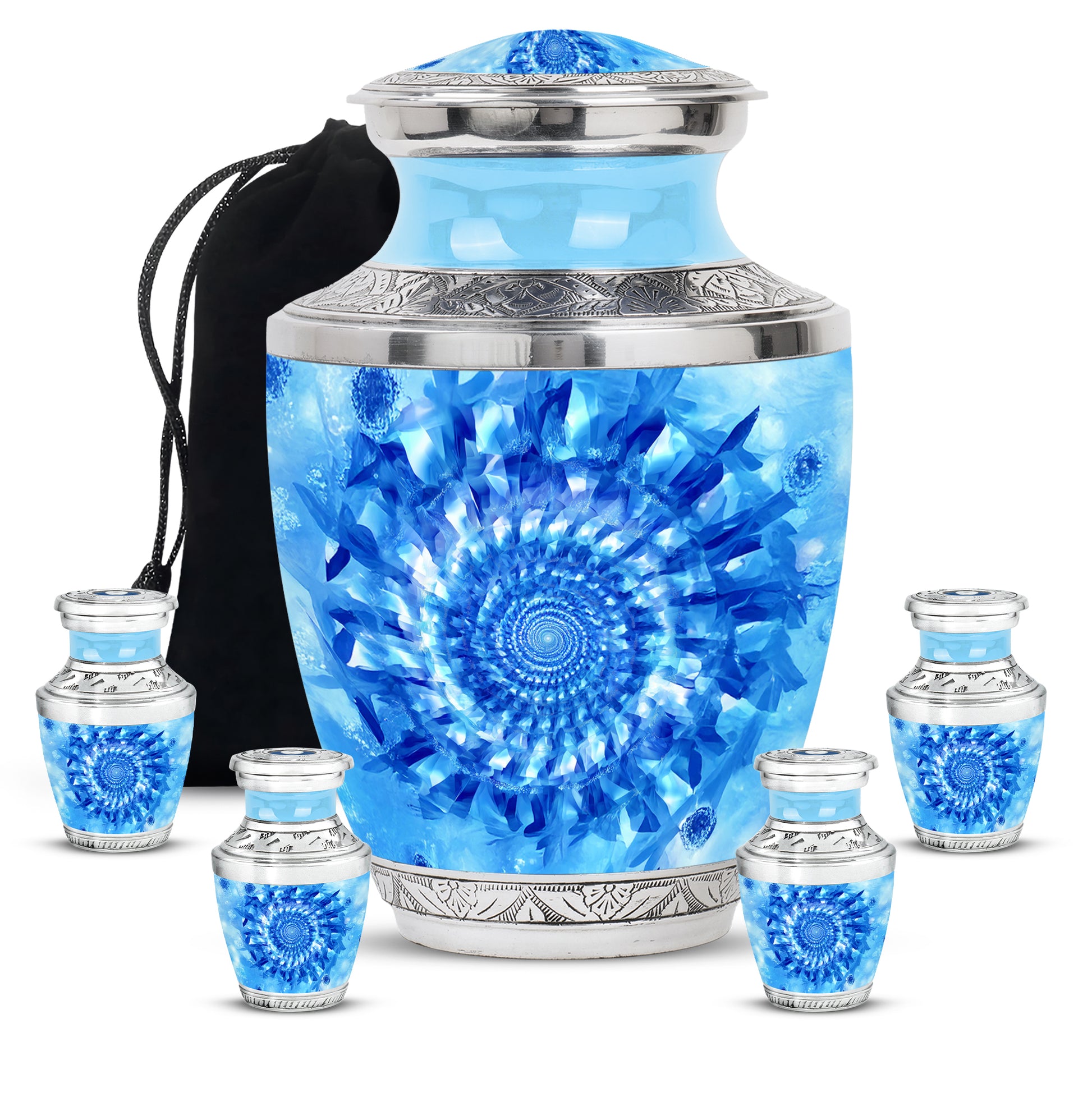 Dusty Blue Blue Cremation Urn lifestyle display on memorial shelf - modern art-inspired blue motif on sleek aluminum - memorial set with one large and four small urns