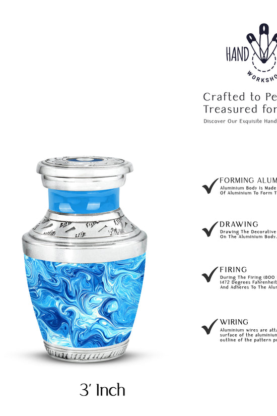 Sapphire Blue Blue Cremation Urn top-down view of secure threaded lid - stylized abstract blue pattern with bold lines - mini keepsake memorial for portion of cremation ashes