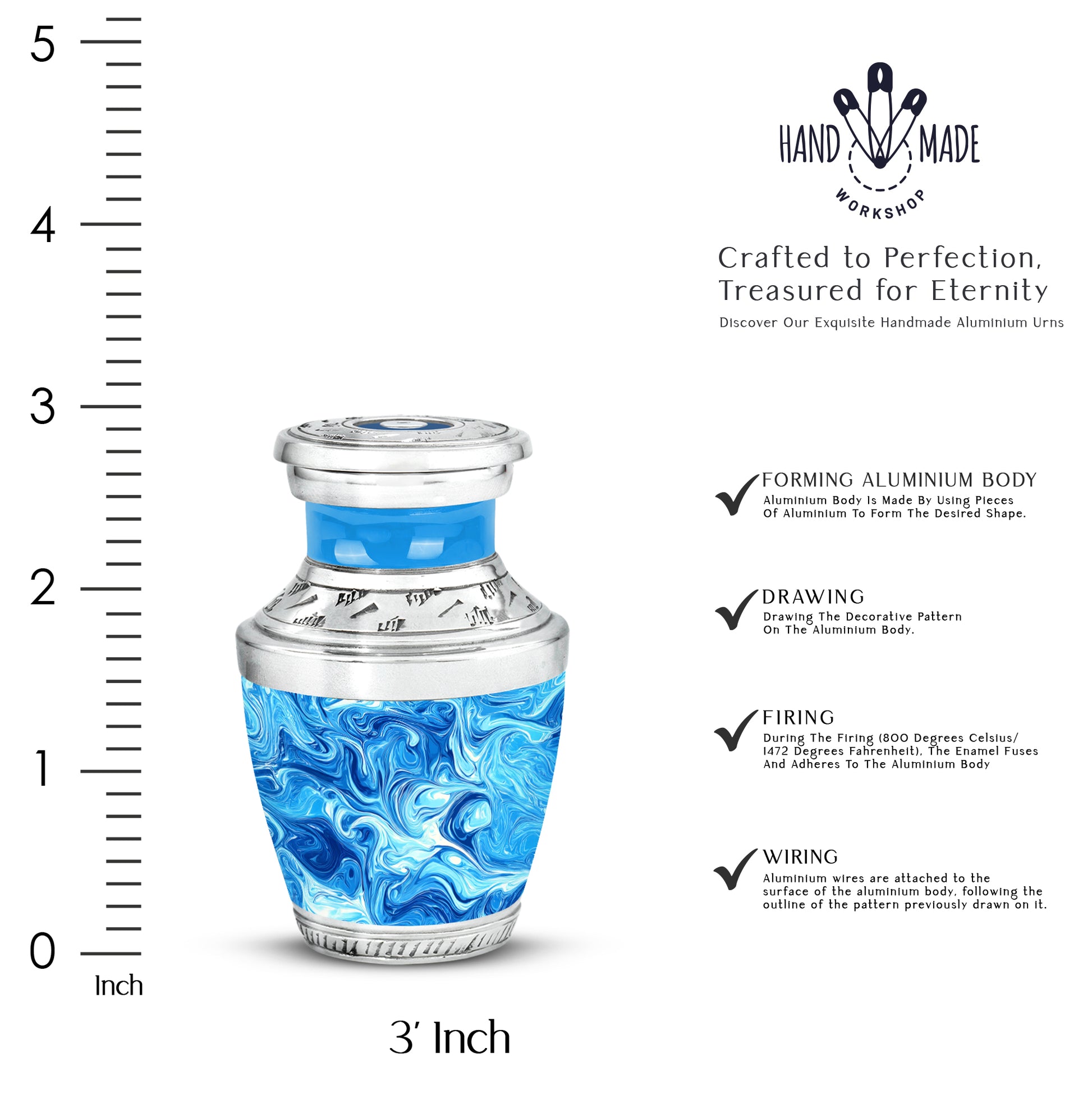 Sapphire Blue Blue Cremation Urn top-down view of secure threaded lid - stylized abstract blue pattern with bold lines - mini keepsake memorial for portion of cremation ashes