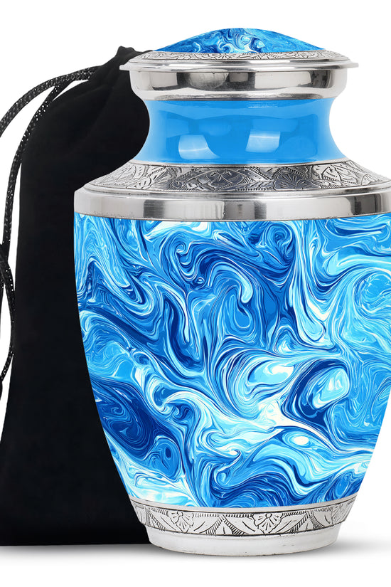 Azure Blue Cremation Urn side profile showing urn shape - contemporary blue design with modern artistic flair - full-size 10 inch 200 cubic inch adult cremation urn