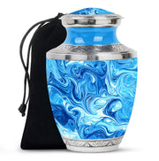 Azure Blue Cremation Urn side profile showing urn shape - contemporary blue design with modern artistic flair - full-size 10 inch 200 cubic inch adult cremation urn
