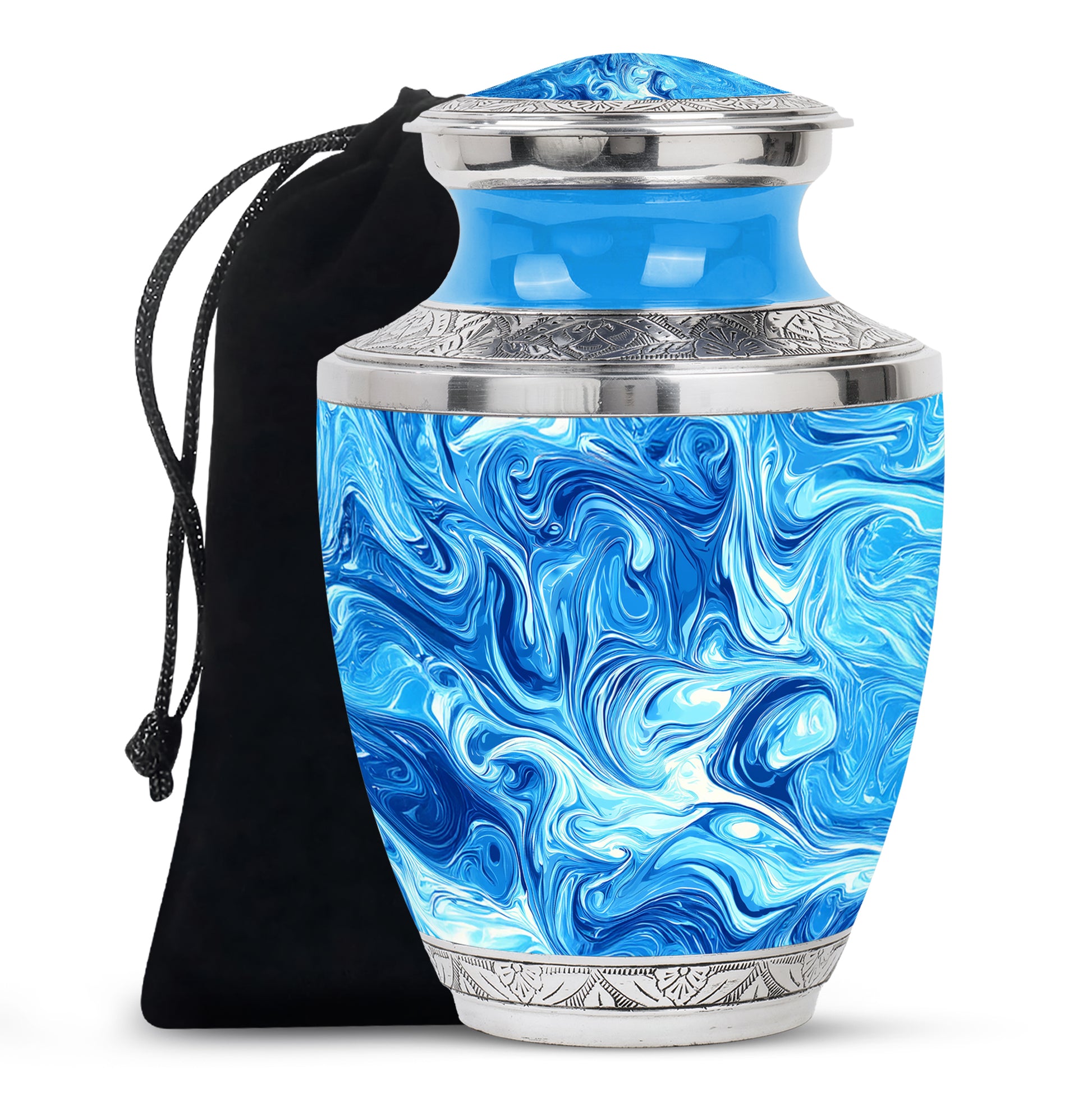 Azure Blue Cremation Urn side profile showing urn shape - contemporary blue design with modern artistic flair - full-size 10 inch 200 cubic inch adult cremation urn