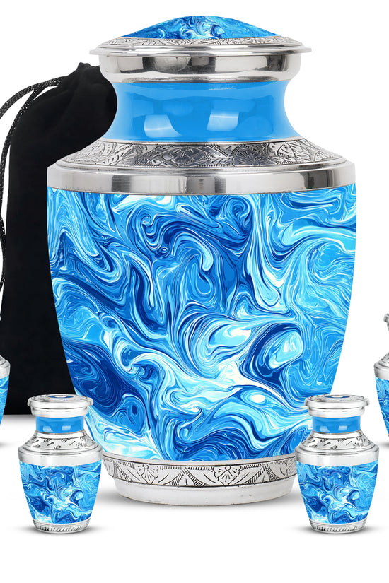 Dusty Blue Blue Cremation Urn lifestyle display on memorial shelf - contemporary blue design with modern artistic flair - memorial set with one large and four small urns
