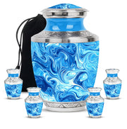 Dusty Blue Blue Cremation Urn lifestyle display on memorial shelf - contemporary blue design with modern artistic flair - memorial set with one large and four small urns