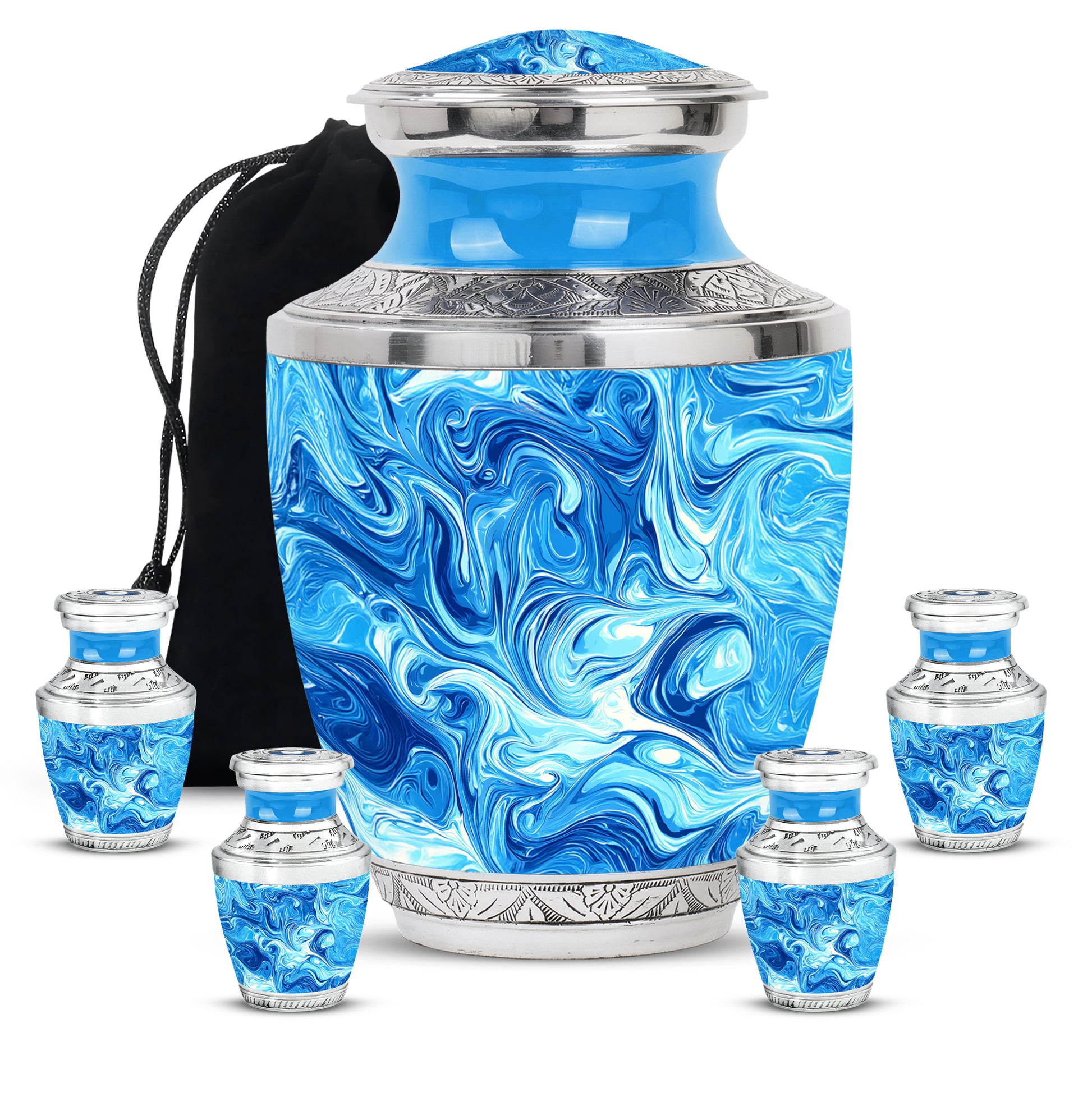 Dusty Blue Blue Cremation Urn lifestyle display on memorial shelf - contemporary blue design with modern artistic flair - memorial set with one large and four small urns