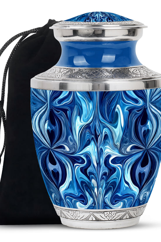 Soft Blue Blue Cremation Urn side profile showing urn shape - stylized abstract blue pattern with bold lines - full-size 10 inch 200 cubic inch adult cremation urn