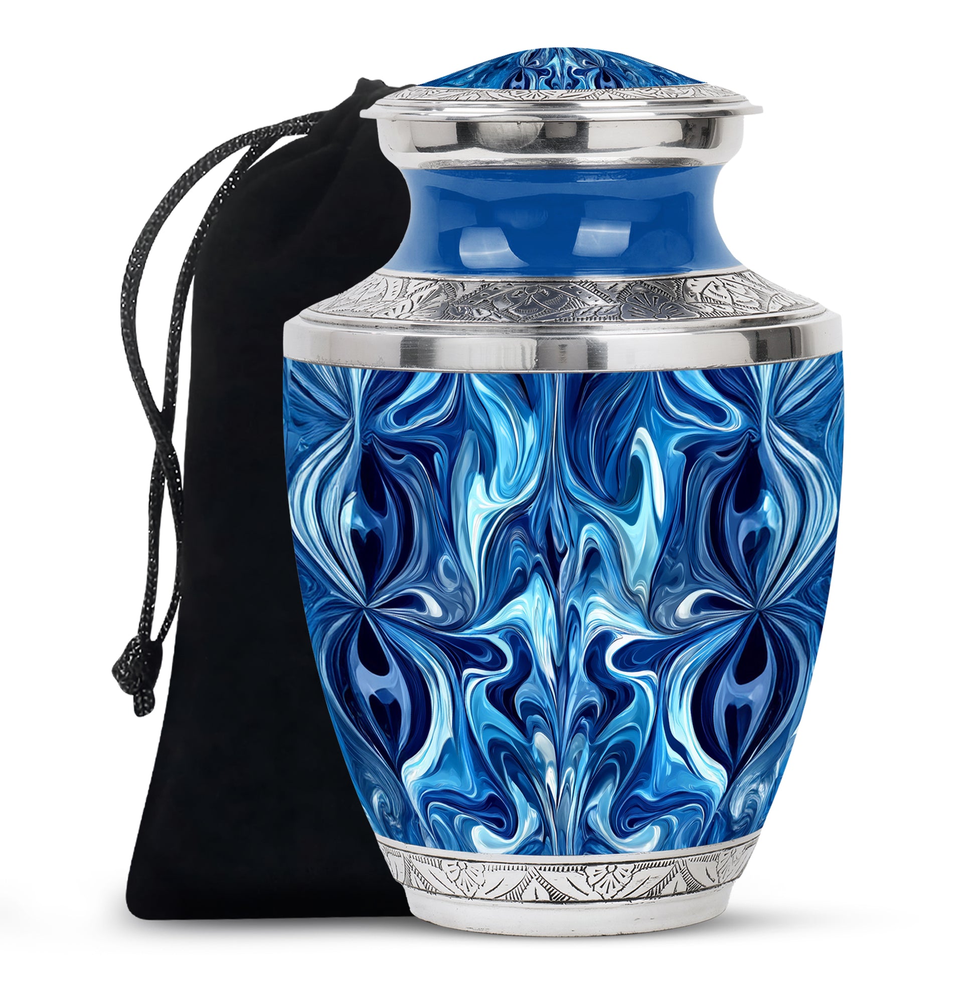 Soft Blue Blue Cremation Urn side profile showing urn shape - stylized abstract blue pattern with bold lines - full-size 10 inch 200 cubic inch adult cremation urn