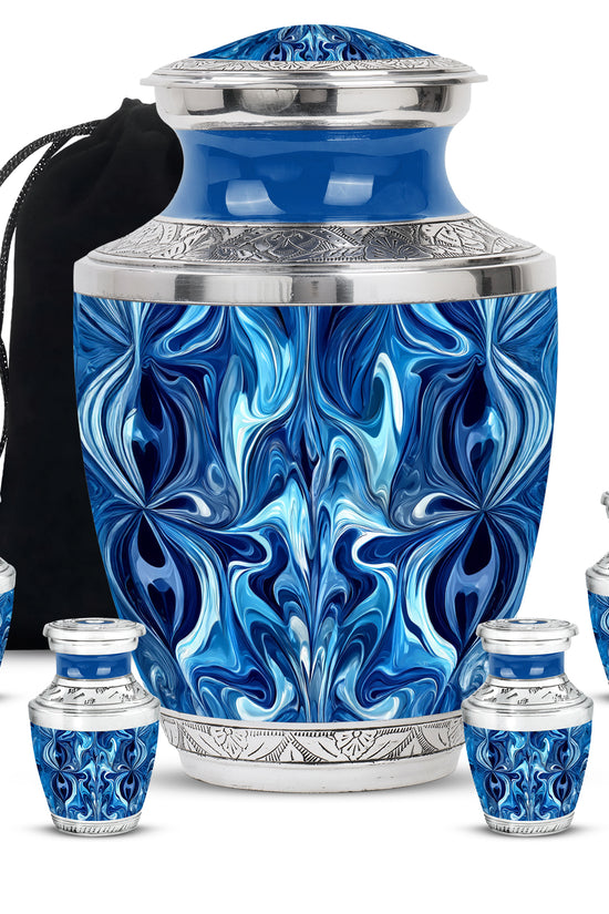Royal Blue Blue Cremation Urn lifestyle display on memorial shelf - artistic blue interpretation with creative detail - memorial set with one large and four small urns