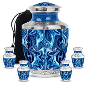 Royal Blue Blue Cremation Urn lifestyle display on memorial shelf - artistic blue interpretation with creative detail - memorial set with one large and four small urns