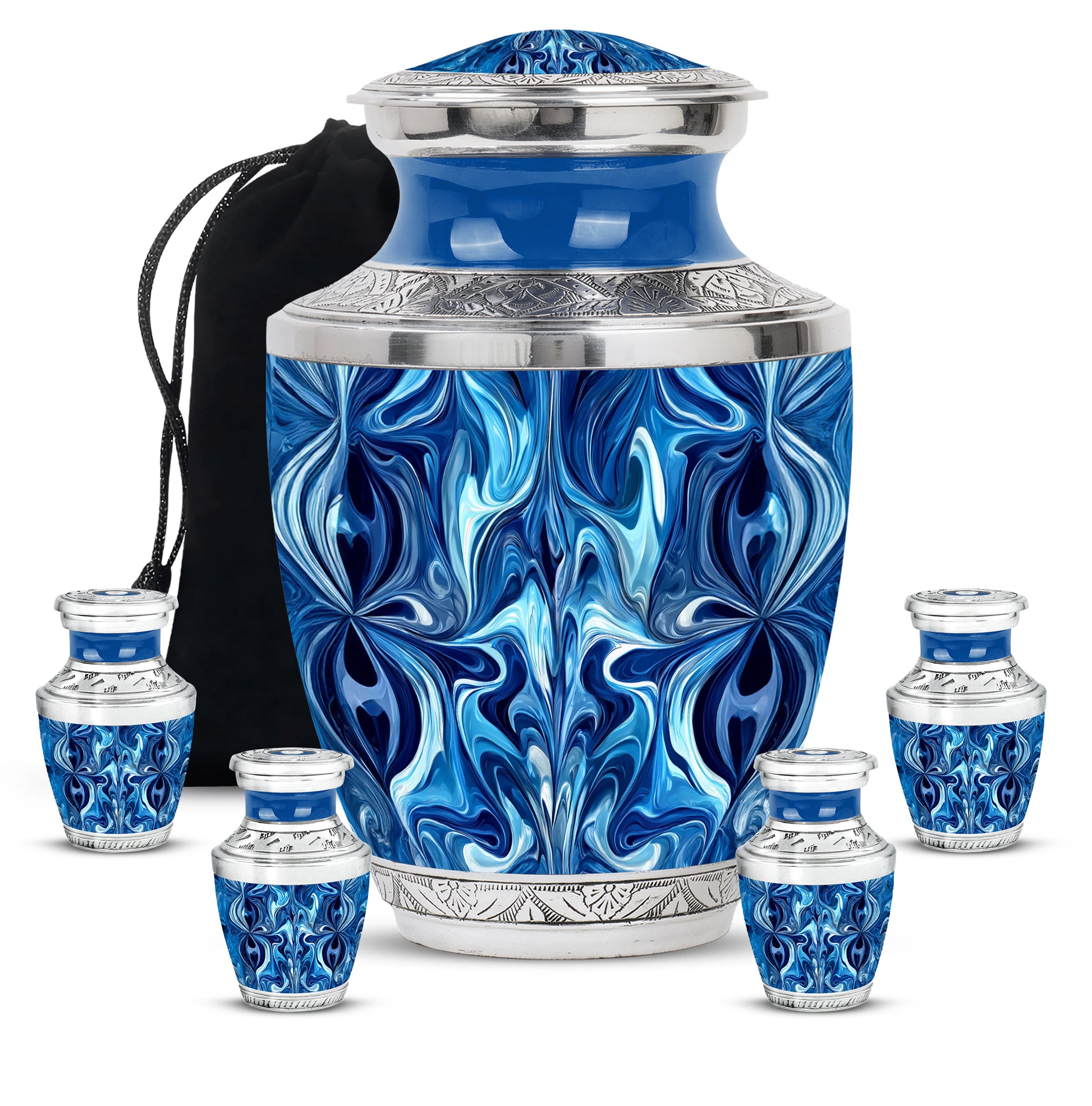 Royal Blue Blue Cremation Urn lifestyle display on memorial shelf - artistic blue interpretation with creative detail - memorial set with one large and four small urns